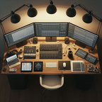 Ein schreibtisch mit 4 Monitore nebeneinander in einen halbkreis auf dem Tisch ist eine Tastertur di