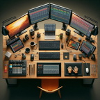 Ein schreibtisch mit 4 Monitore nebeneinander in einen halbkreis auf dem Tisch ist eine Tastertur di (2)