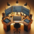 Ein schreibtisch mit 4 Monitore nebeneinander in einen halbkreis auf dem Tisch ist eine Tastertur di (1)