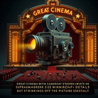 Groses Kino mit einer Kamera die mit iher uberweltiger grösse einen dem aten anhält ein spot rundeet